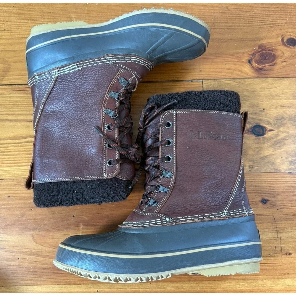 L.L. Bean Men's Snow Boots W/Tumbled Brown Leather Size 10M Felt Faux Fur Insert